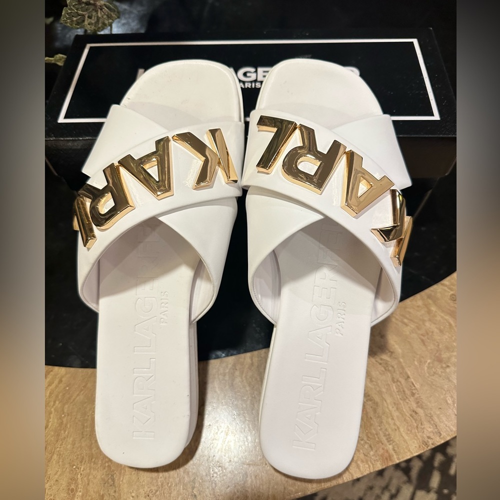 Karl Lagerfeld White and Gold Sandals. Size 9.
